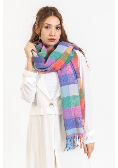 Ladycolor Ekoseli Yünlü Omuz Şalı - 70x200 Cm - Dayanıklı Akrilik Mor
