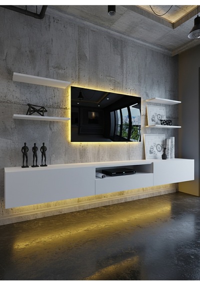 Resital Duvara Monte Ledli 270 Cm Tv Ünitesi Duvar Raflı - Ll6034 Beyaz