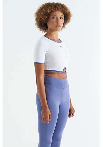 Tommy Life Beyaz Bel Bağlama Detaylı O Yaka Standart Kalıp Dalgıç Kumaş Kadın Crop T-shirt - 97266 Beyaz