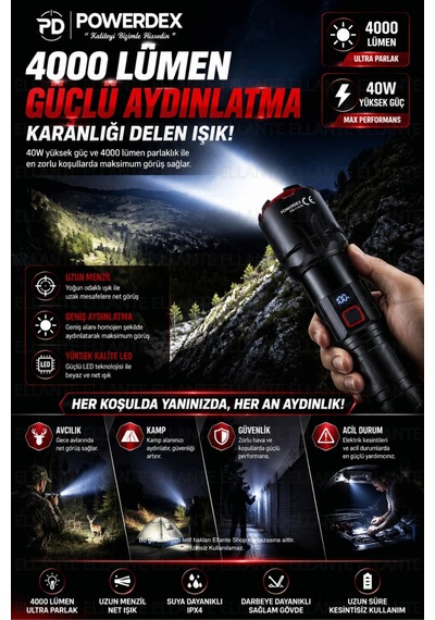 Profesyonel Zoomlu Avcı Feneri 40w 4000 Lümen 8800 Mah Şarjlı Led El Feneri Dijital Batarya Gösterge Çok Renkli