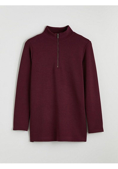 Lcw Everyday Bordo Dik Yaka Çizgili Oversize Kadın Tişört