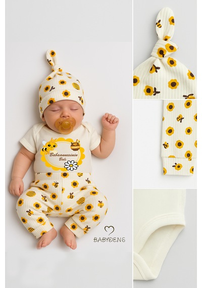 Babyden's Babaannesinin Balı Yazılı 3 Lü Bebek Takımı Kısa Kollu Çıtçıtlı Body, Arı Desenli Pantolon, Bere Ekru