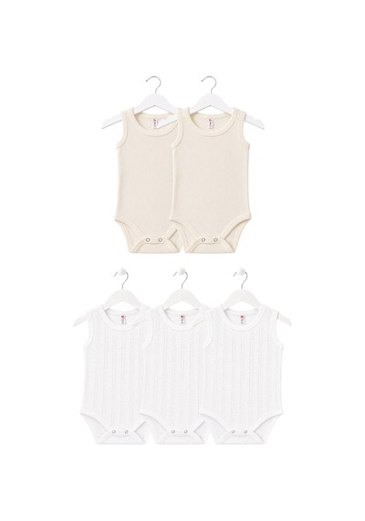 H&c Coolboy H&c 5'li %100 Pamuk Desenli Jakarlı Kolsuz Bebek Body Zıbın 2 Krem - 3 Beyaz