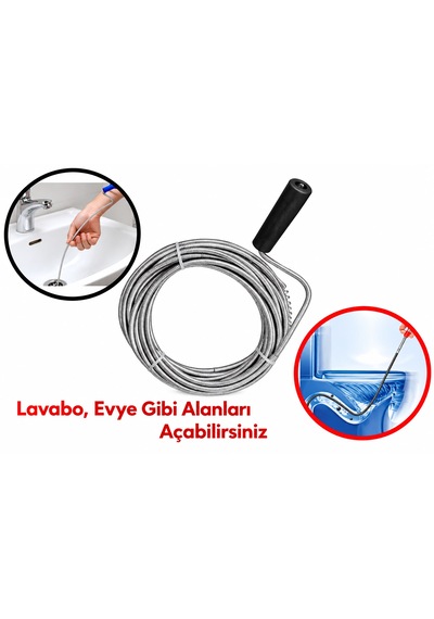 8 Metre 6mm Lavabo Tuvalet Gider Boru Açıcı Klozet Alaturka Paslanmaz Çelik