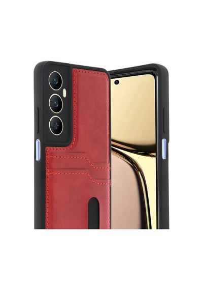 Realme C65 Sara Kartvizitli Deri Kılıf - Kırmızı Kirmizi