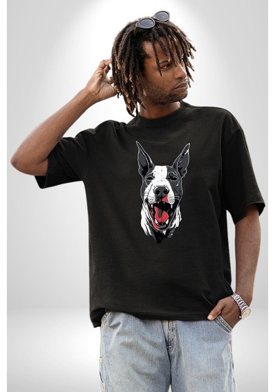 Doberman Kırmızı Dil Siyah Dik Kulak Pamuklu Bisiklet Yaka Kadın Erkek Oversize Boyfriend Dijital Baskılı Siyah T-shirt Siyah