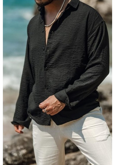 Cool Tarz Erkek Uzun Kollu Gömlek Yaka Keten Oversize Gömlek SİYAH
