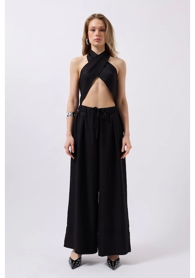 Defymoda Düşük Bel Oversize Keten Pantolon Siyah