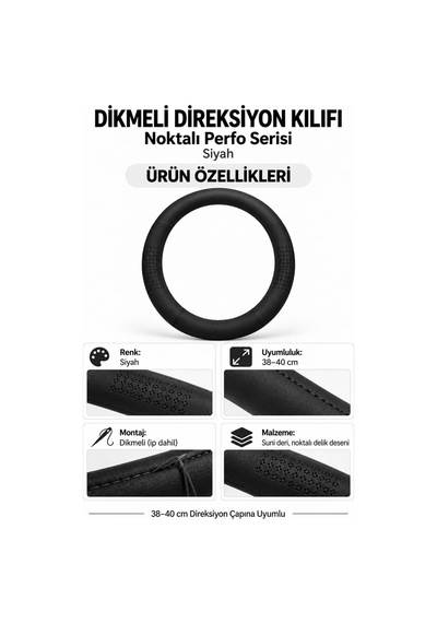 Trobus Volkswagen Golf 2009-2012 Uyumlu Dikmeli Direksiyon Kılıfı Noktalı Perfo Siyah