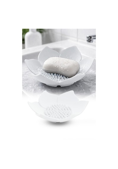 2'li Beyaz Lotus Desenli Silikon Sabunluk Su Giderli Katı Sabun Ve Sünger Organizer Diğer