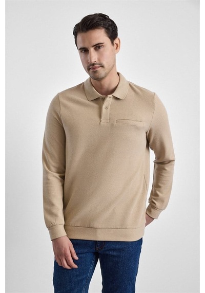 Süvari Bej Regular Düz Fermuarlı Polo Yaka Sweatshirt Sw2013700028-bj3