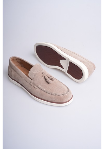Fame Step Hakiki Deri Erkek Loafer Ayakkabı Süet Günlük Rahat Casual Mokasen Püsküllü Siena Bej