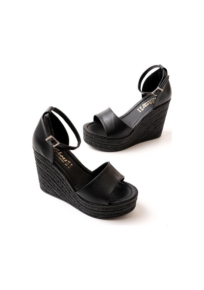 Asmi Shoes Kadın Dolgu Topuklu Ayakkabı Rahat Yüksek Topuklu 11cm Siyah Siyah