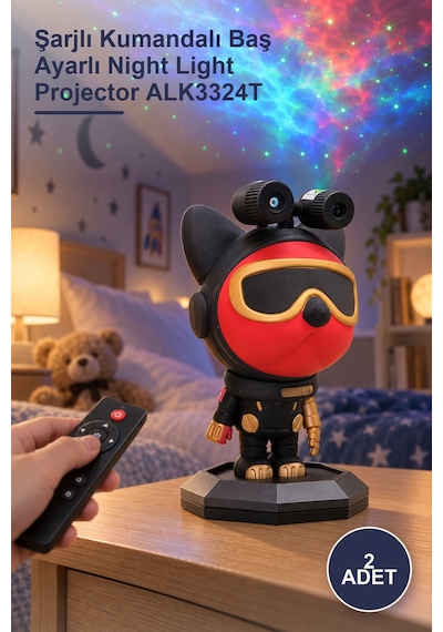 2 Adet Astronot Projektör Gece Lambası Şarjlı Kumandalı Baş Ayarlı Night Light Projector Alk3324t