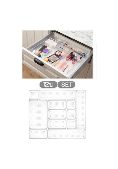 Meleni Home 12'li Set Modüler Çekmece Içi Düzenleyici, Banyo Makyaj - Takı Düzenleyici - Ofis Masaüstü Organizer Beyaz