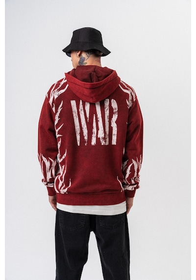 Respire Erkek War Baskılı Yıkamalı Kapüşonlu Oversize Hoodie Bordo