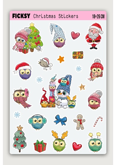 Sevimli Baykuş Yılbaşı Yeni Yıl Temalı Sticker Seti - 25 Adet Etiket Çıkartma Diğer