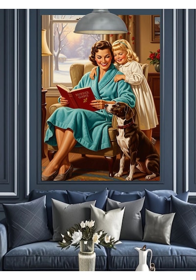 Mutlu Aile Köpekleri İle Retro Dekoratif Kanvas - Mdf Ahşap Tablo