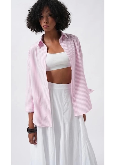 Defymoda Çizgili Basic Gömlek Pembe
