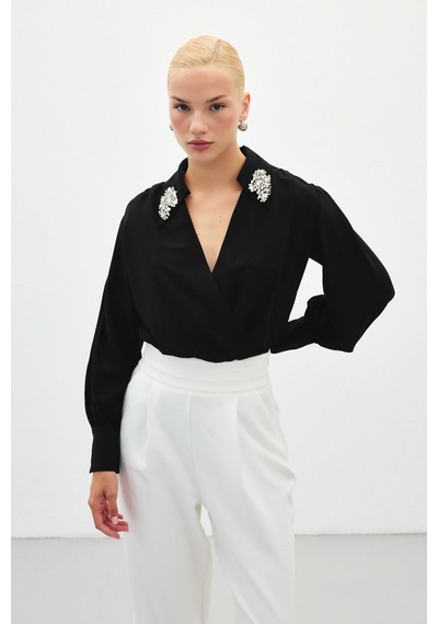Sateen Aksesuar Detaylı Bodysuit Bluz - Siyah-134783