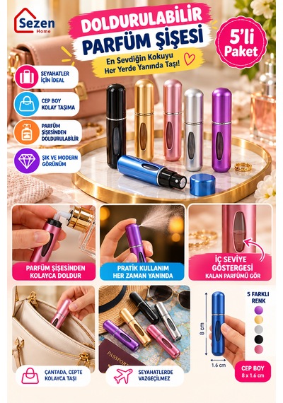 5'li Doldurulabilir Mini Parfüm Şişesi Cep Boy Seyahat Parfüm Atomizeri, Taşınabilir Sprey Şişesi 8 Cm Diğer