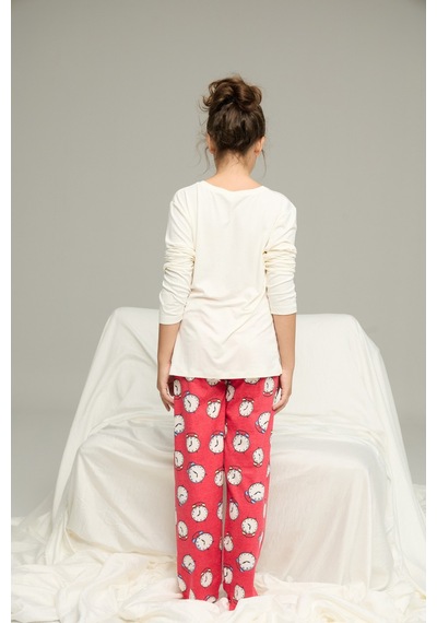 Siyah İnci Saat Desenli Pamuklu Bisiklet Yaka Örme Pijama Takım25241139 Ekru