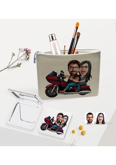 Bk Gift Kişiye Özel Sevgililer Karikatürlü Keten Makyaj Çantası Ve Ayna Seti, Sevgiliye Hediye, Sevgililer Günü Hediyesi, Doğum Günü Hediyesi-1