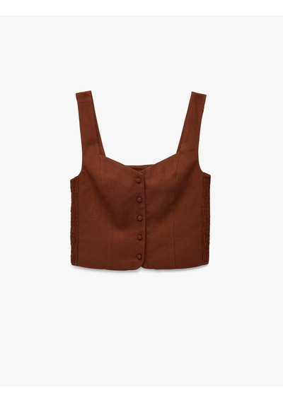 Koton Slim Fit Kalın Askılı Yanları Gipe Detaylı Düğmeli Crop Keten Yelek Kahverengi 6sak30001pw Kahve