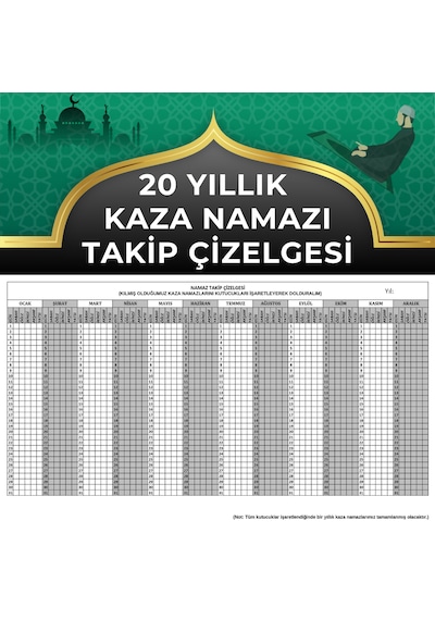 20 Yıllık Kaza Namazı Takip Çizelgesi A4 Boyutundadır Beyaz - Gri