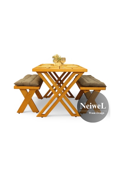 Neiwel Garden Sean Doğal Ahşap Banklı Bahçe Masa Takımı-70-120 Takım Açık Ceviz