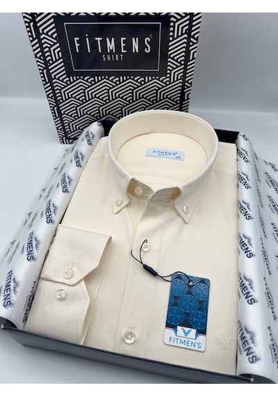 Slim Fit Uzun Kol Pamuklu Hediye Kutulu Kolay Ütülenebilir Erkek Gömlek Fs-002225 - Krem-3167