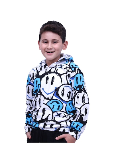 Fyk Kids Gülen Yüz Desenli Kapşonlu Unisex Sweatshirt Mavi
