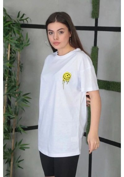 Freedom Storee Kadın Bisiklet Yaka Baskılı Kısa Kol Oversize T-shirt - Beyaz Çok Renkli