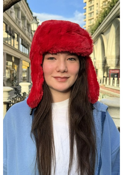Mollycrush Genç Kırmızı Peluş Pilot Şapka Uniseks Trend Kulaklıklı Kışlık Ushanka Model Kırmızı
