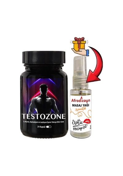 Testozone 1 Kutu Erkeklere Özel L-argininli Lepidyumlu 21lı Formül + Afrodizayn Masaj Yağı 30 Ml