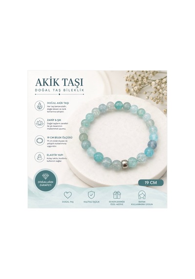Akik Taşı Doğal Taş Yetişkin Bileklik 19 Cm Mavi Mavi