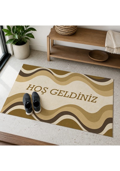 Kartela Halı Hoş Geldiniz Yazılı Retro Dalga Kapı Paspası Hardal Sarısı Kaymaz Kauçuk Taban 60x90 Cm