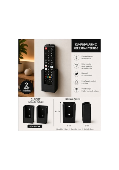 2'li Duvar Kumanda Standı Tv Kumanda Askılığı Kendinden Yapışkanlı Kumanda Tutucu Siyah Siyah