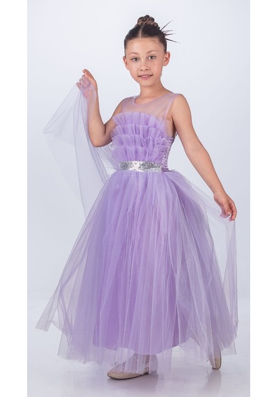 Mnk Baby & Kids Sapes Model Sırt Gipeli Tüllü Kız Çocuk Askılı Saten Abiye Mnk0618 Lila