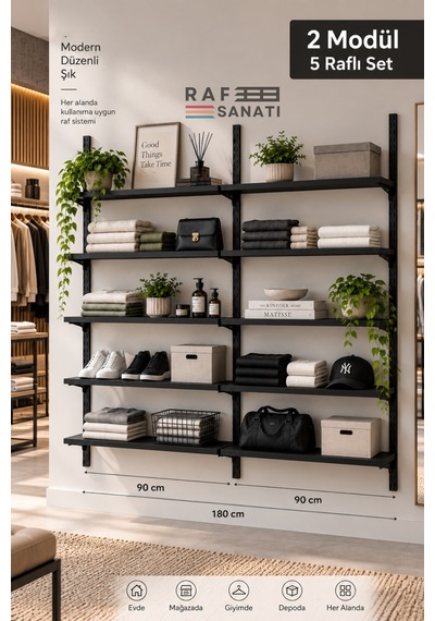 2 Modül 90x30 Cm 10 Raflı Geniş Mağaza Duvar Rafı Konik Dikme Sistem Siyah Suntalam