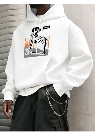 Startmore Tarzsokak I'm Fine İskelet Baskılı Erkek Basic Kapüşonlu Üstleri Hip Hop Bol Sweatshirtler Günlük Polar Beyaz