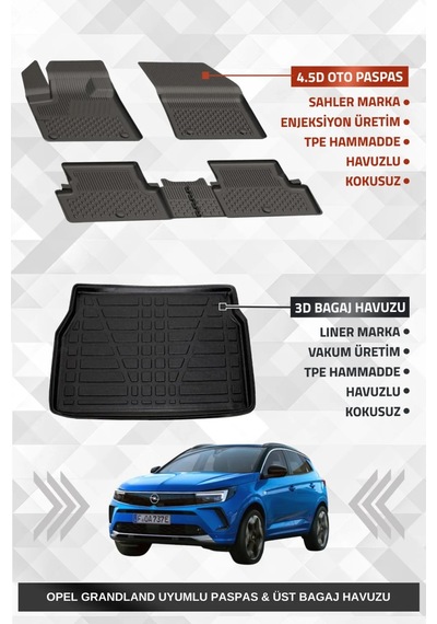 Sahler Opel Grandland 2017-2024 Uyumlu 4.5d Premium Havuzlu Oto Paspas Ve Liner Marka 3d Üst Bagaj H