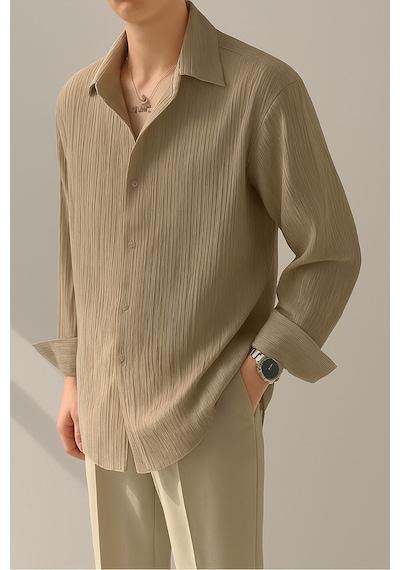 Tarz Cool Erkek Bürümcük Slim Fit Gömlek Yaka Uzun Kollu Gömlek Vizon