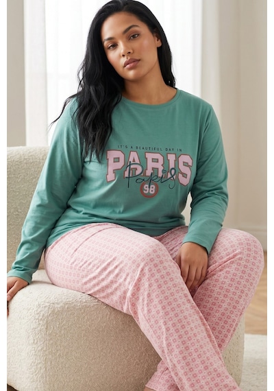 Siyah İnci Pamuklu Likralı Büyük Beden Battal Boy Örme Pijama Takım 26240935 Yeşil