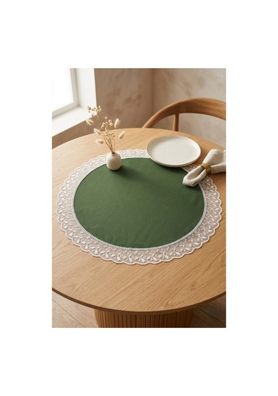 Haki Yeşil Yuvarlak Supla Runner Leke Tutmaz Su Geçirmez Çeyizlik Masa Örtüsü 60x60