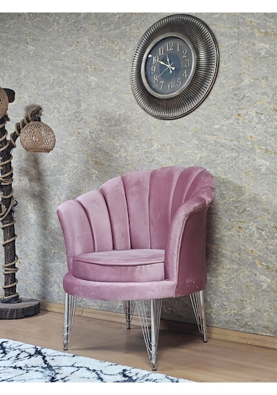Zafir Tekli İstiridye Krom Kaplama Telli Ayak Çay Seti Koltuk Tekli Berjer , Balkon, Salon, Ofis Pembe