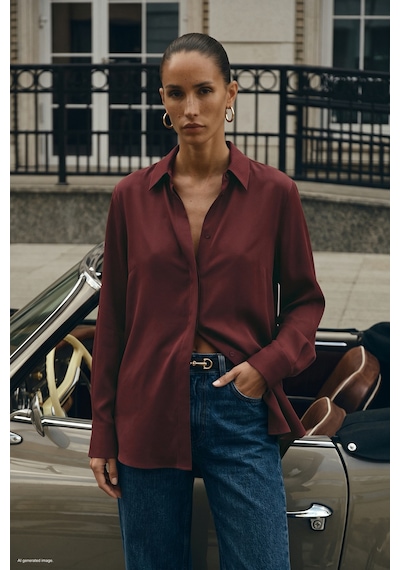 Sateen Desenli Klasik Gömlek - Bordo-137850