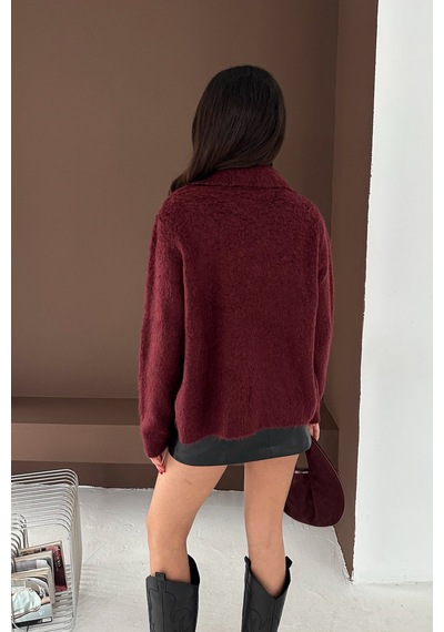 Femelle Kadın Bordo Kırçıllı Dokulu Gold Düğmeli Hırka Standart Beden