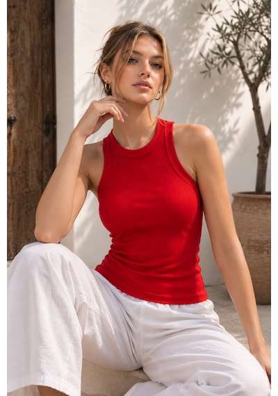 Feyece Kırmızı Zargo Model Fitted/vücuda Oturan Geniş Biyeli Halter Yaka Fitilli Esnek Örme Crop Bluz Feyece Kırmızı Zargo Model Fitted/vücuda Oturan Geniş Biyeli Halter Yaka Fitilli Esnek Örme Crop Bluz