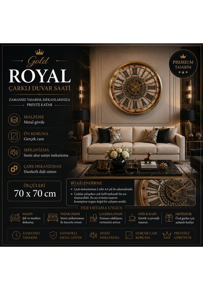 Gold Royale 70 X 70 Cm Çarklı Duvar Saati
